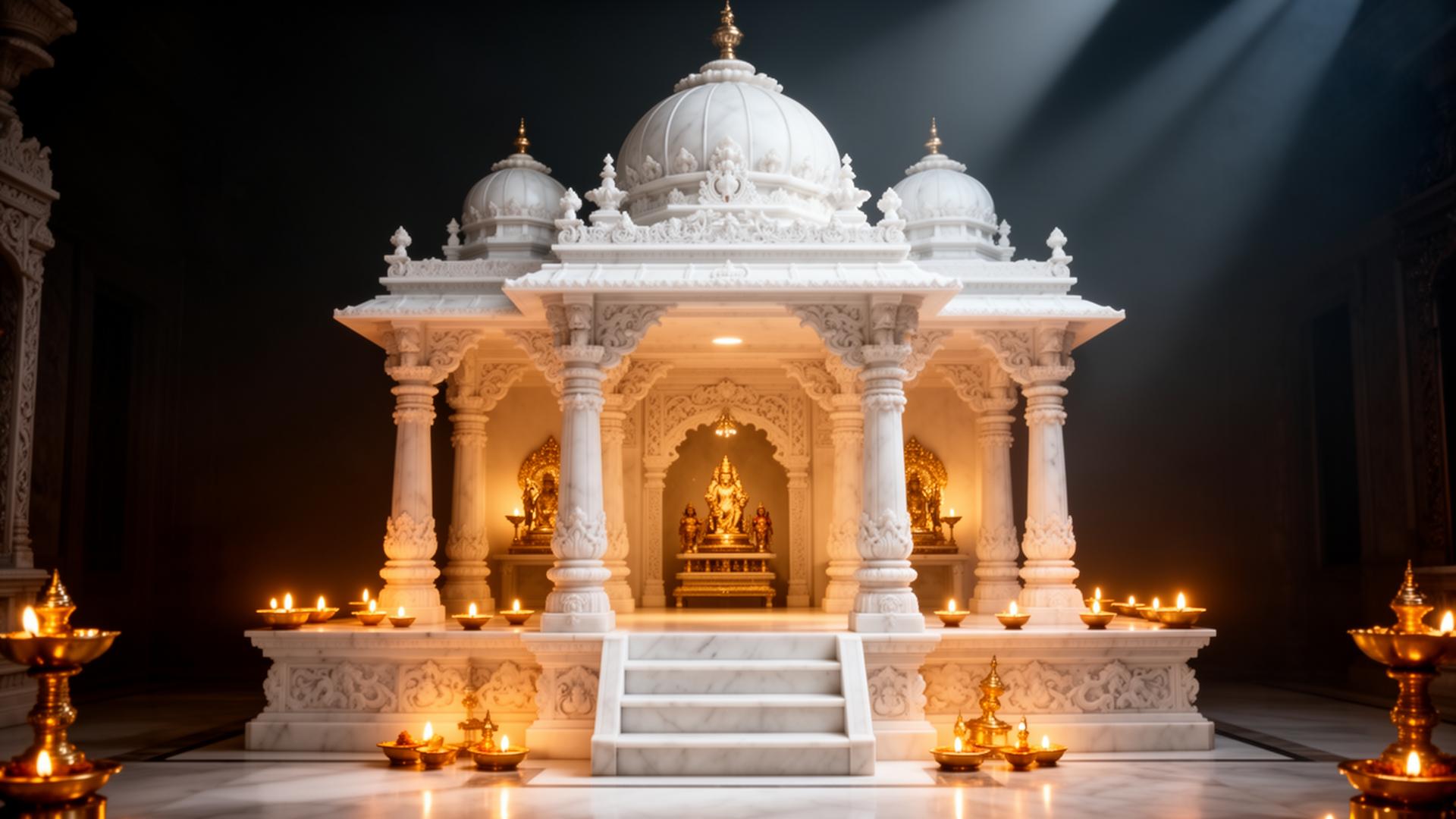 Handcrafted white Makrana marble mandir with golden diyas