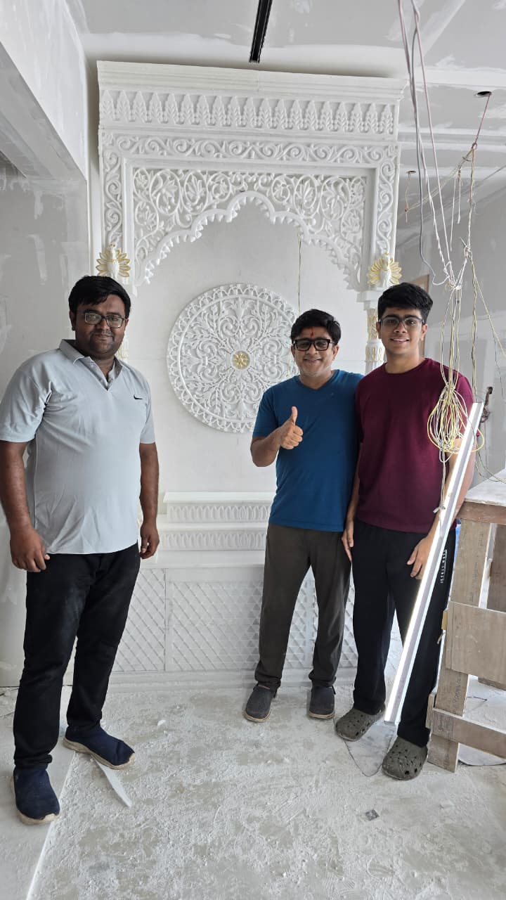 Handcrafted Makrana marble temple installed inside an Oberoi flat in Mulund Mumbai